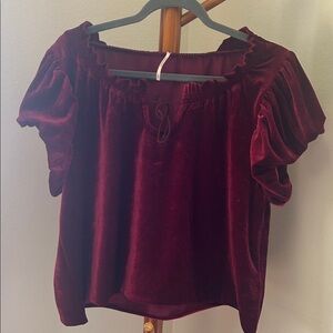 Free People Wine Velvet Puff Sleeve Peasant Top